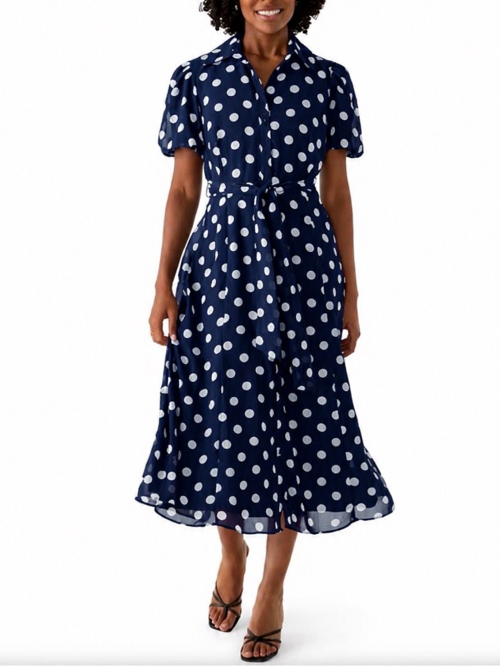 Sandra Darren Navy and White Polka Dot Midi Shirt Dress